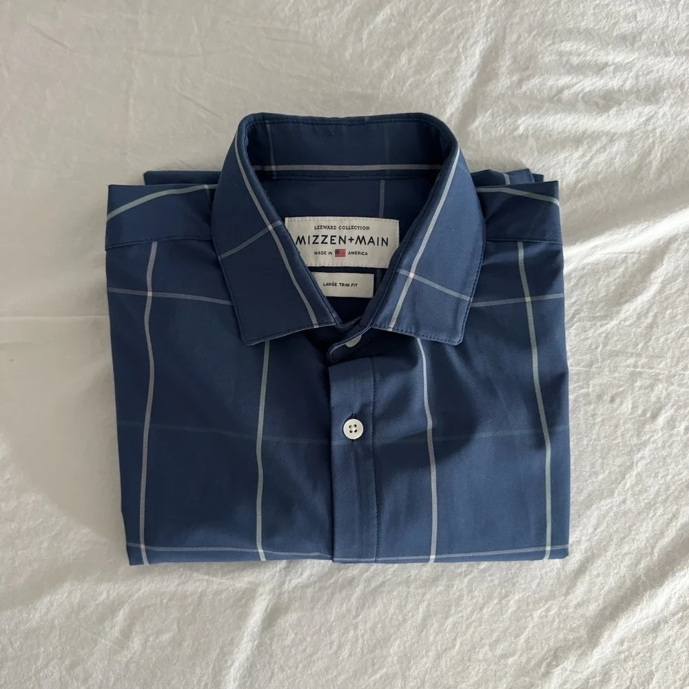 Mizzen + Main Blue Check Sz Large Trim‎ Fit Leeward Collection Long Sleeve Shirt